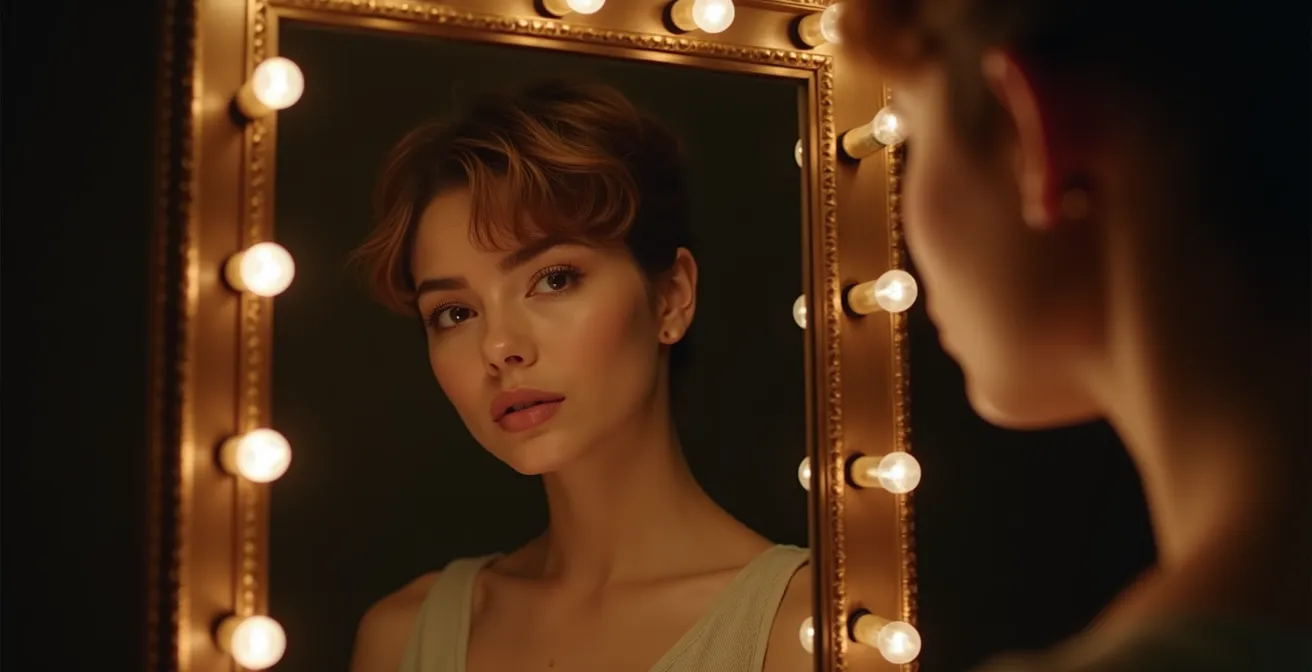 Personne face à son reflet dans un miroir de studio de théâtre