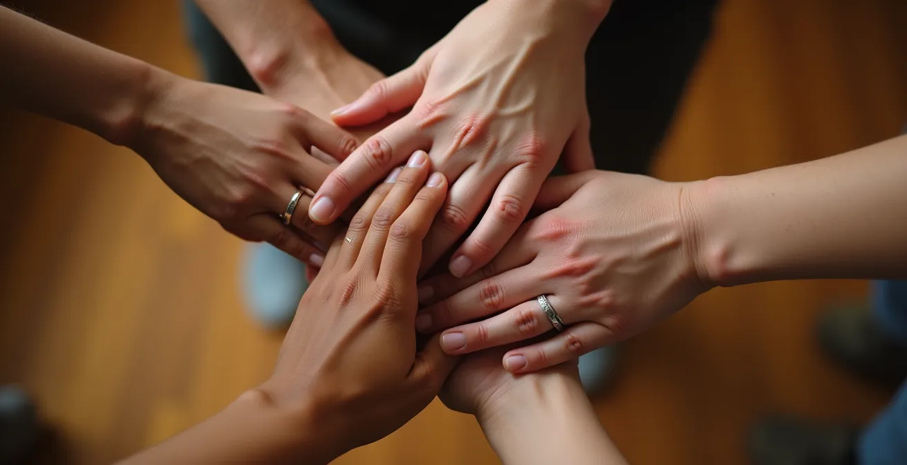 Mains entrelacées en cercle lors d'un exercice théâtral